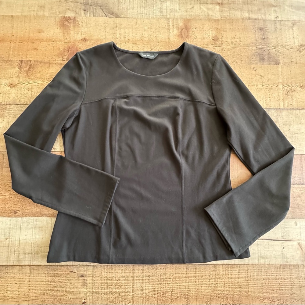 Club Monaco Round Neck Long Sleeve Top Wrist Slit MED Black